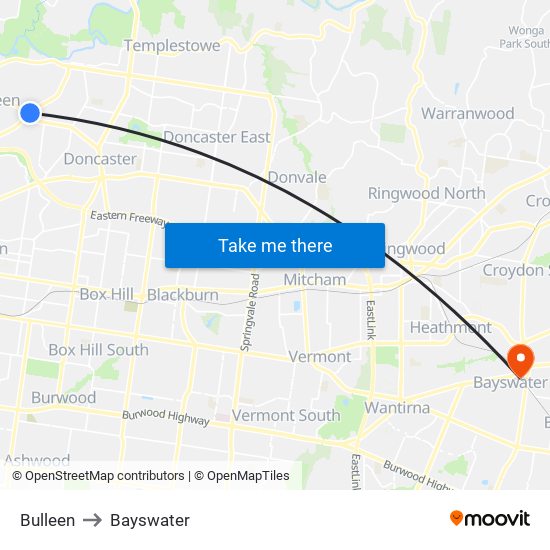 Bulleen to Bayswater map