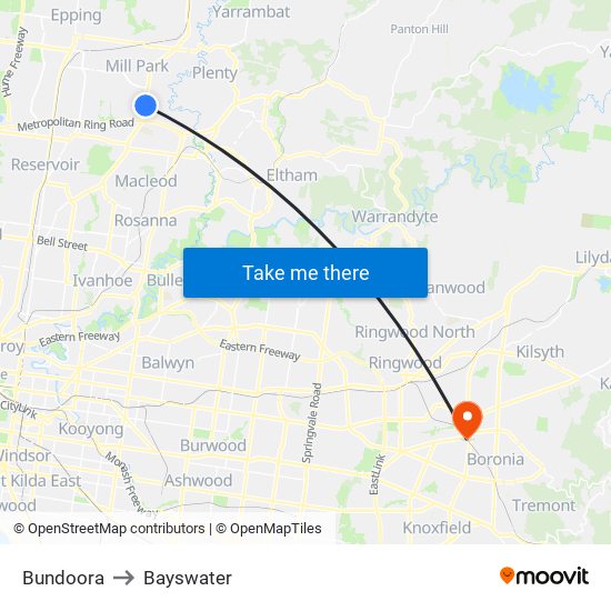 Bundoora to Bayswater map