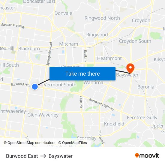 Burwood East to Bayswater map