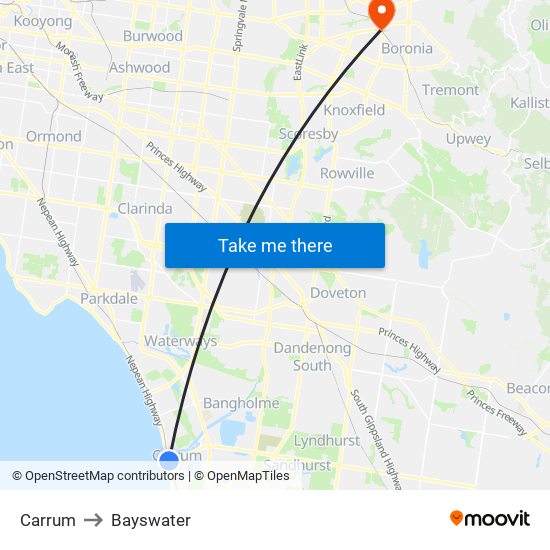 Carrum to Bayswater map