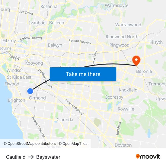 Caulfield to Bayswater map