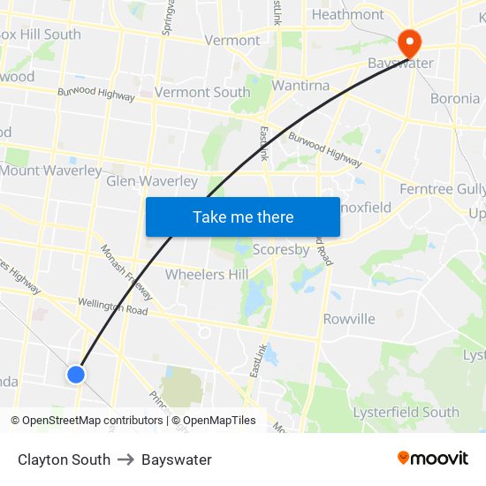 Clayton South to Bayswater map