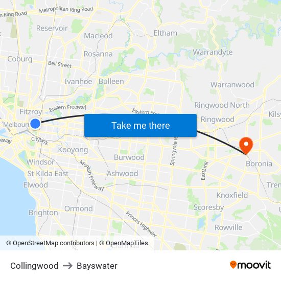 Collingwood to Bayswater map