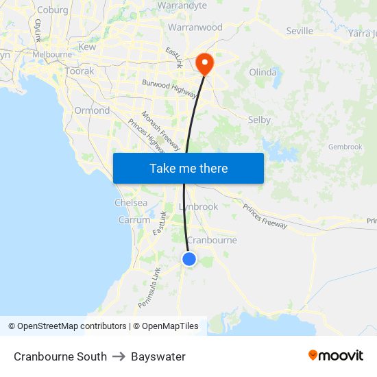 Cranbourne South to Bayswater map