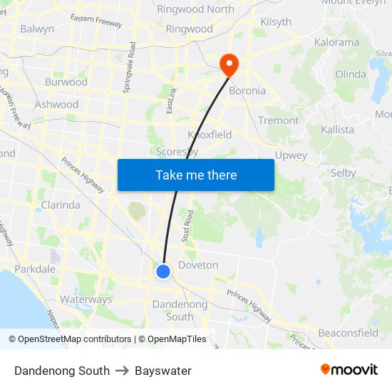 Dandenong South to Bayswater map