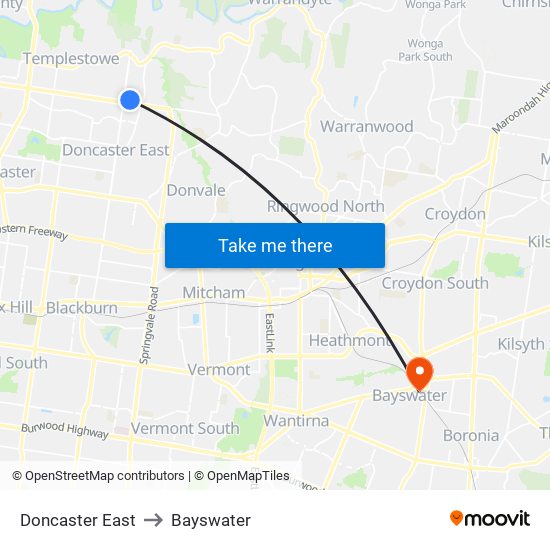 Doncaster East to Bayswater map