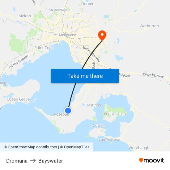 Dromana to Bayswater map