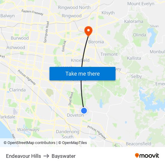 Endeavour Hills to Bayswater map