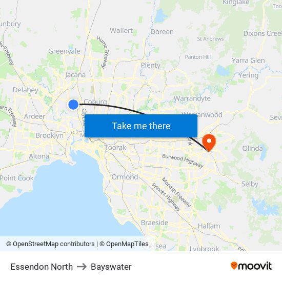 Essendon North to Bayswater map