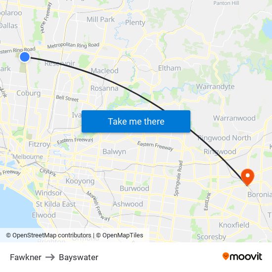 Fawkner to Bayswater map