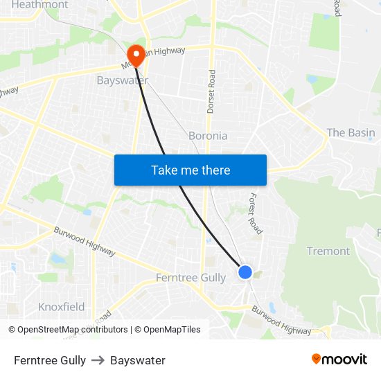 Ferntree Gully to Bayswater map