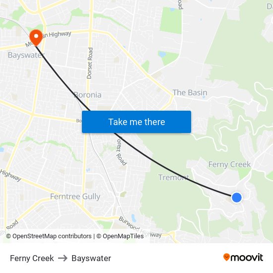 Ferny Creek to Bayswater map