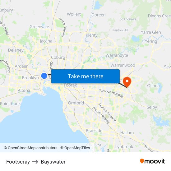 Footscray to Bayswater map