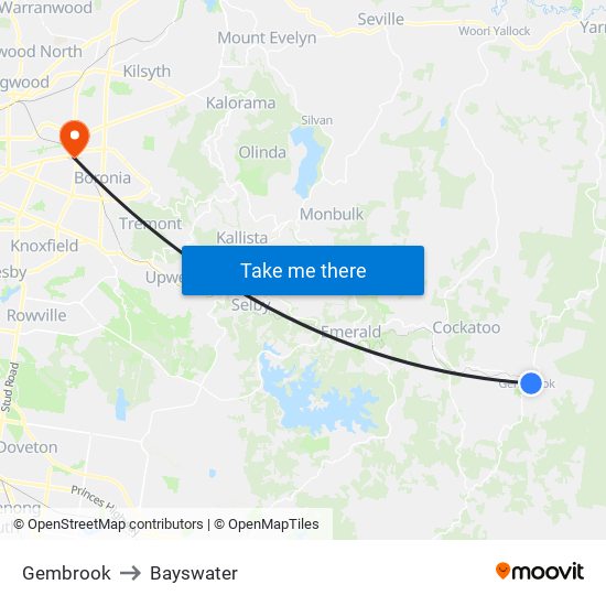 Gembrook to Bayswater map