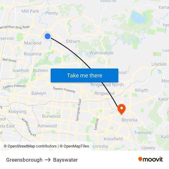 Greensborough to Bayswater map