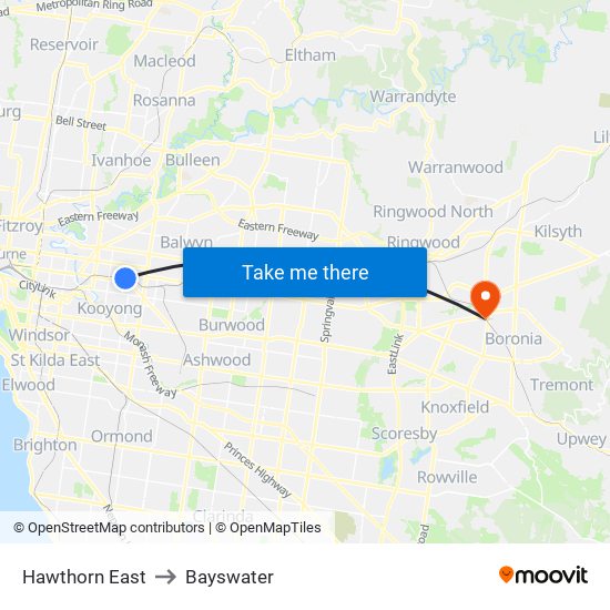 Hawthorn East to Bayswater map