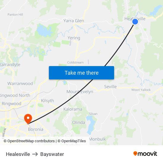 Healesville to Bayswater map