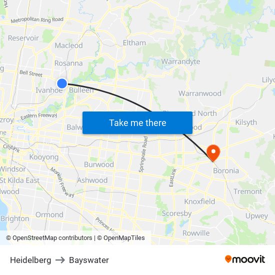 Heidelberg to Bayswater map