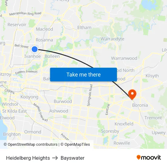 Heidelberg Heights to Bayswater map