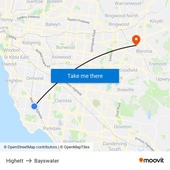 Highett to Bayswater map