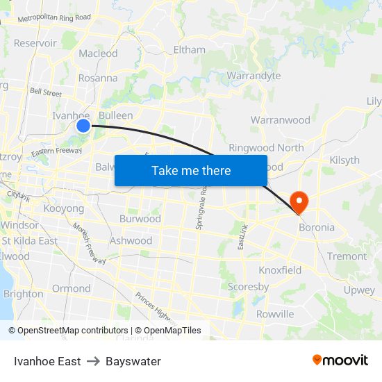 Ivanhoe East to Bayswater map