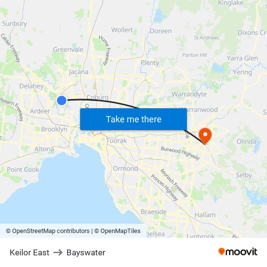 Keilor East to Bayswater map