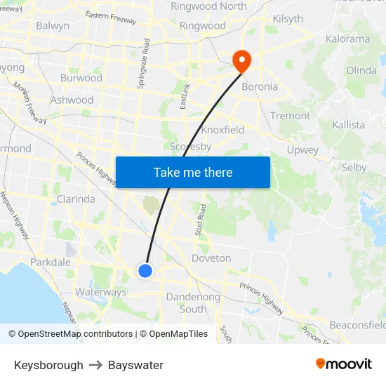 Keysborough to Bayswater map