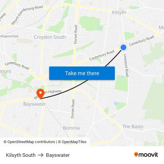 Kilsyth South to Bayswater map