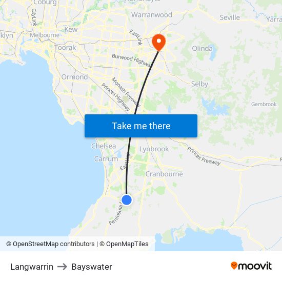 Langwarrin to Bayswater map