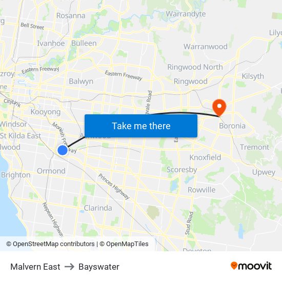 Malvern East to Bayswater map