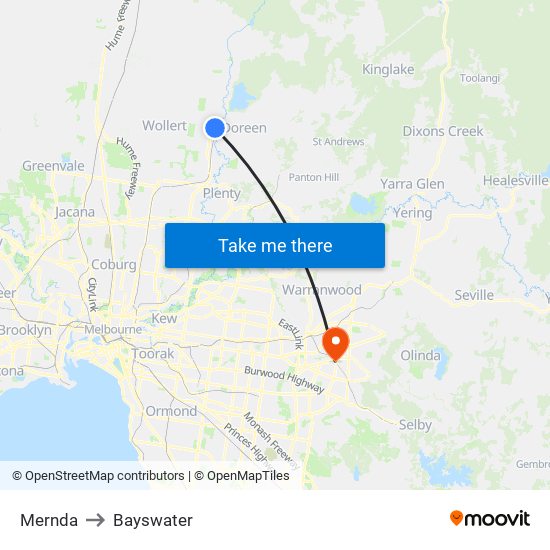 Mernda to Bayswater map