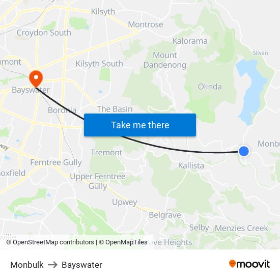 Monbulk to Bayswater map