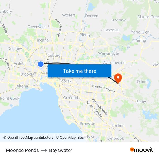 Moonee Ponds to Bayswater map