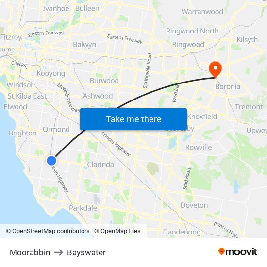 Moorabbin to Bayswater map