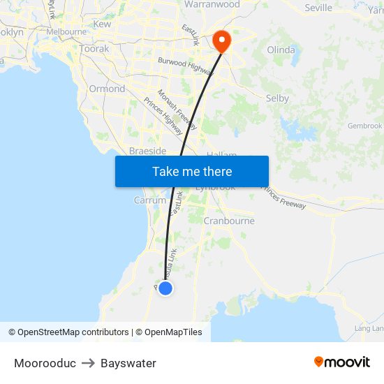 Moorooduc to Bayswater map