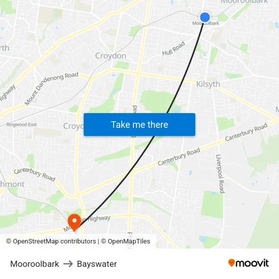 Mooroolbark to Bayswater map