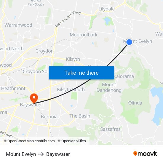 Mount Evelyn to Bayswater map