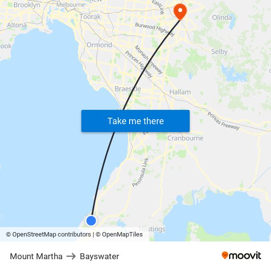 Mount Martha to Bayswater map