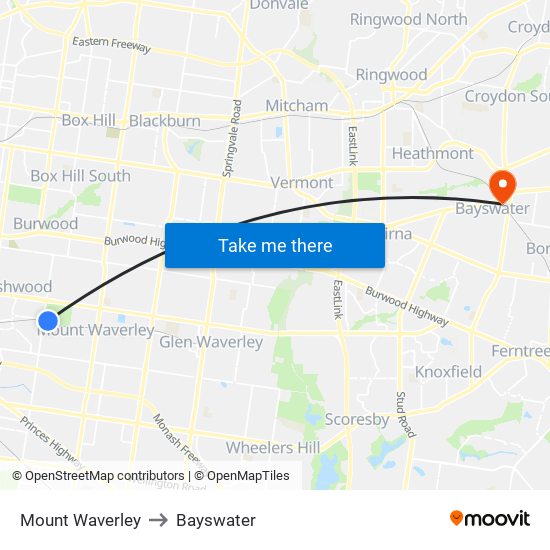 Mount Waverley to Bayswater map