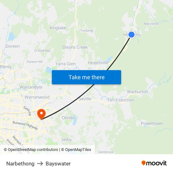 Narbethong to Bayswater map