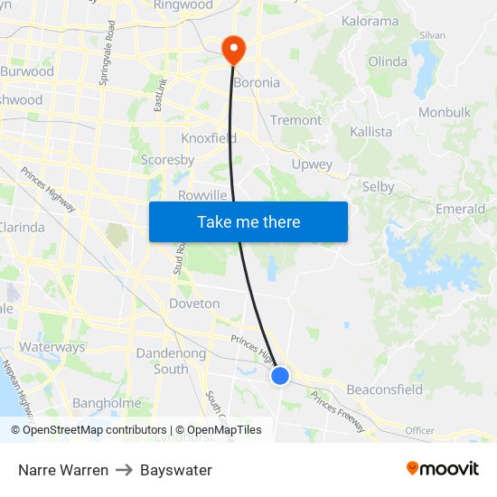 Narre Warren to Bayswater map