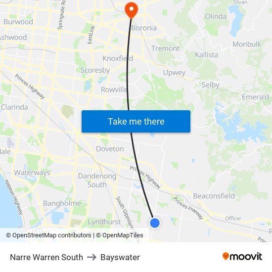 Narre Warren South to Bayswater map