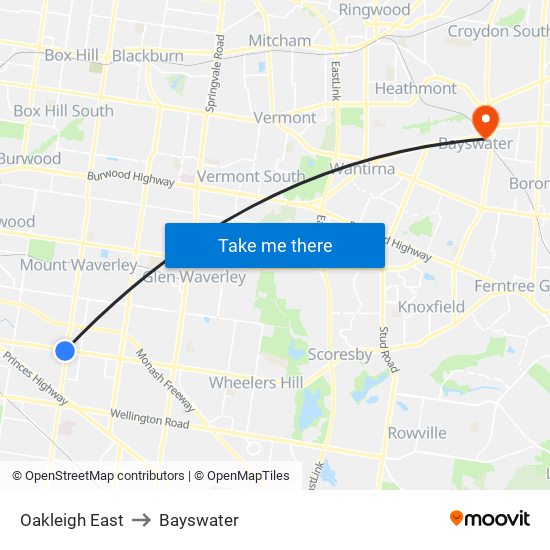 Oakleigh East to Bayswater map