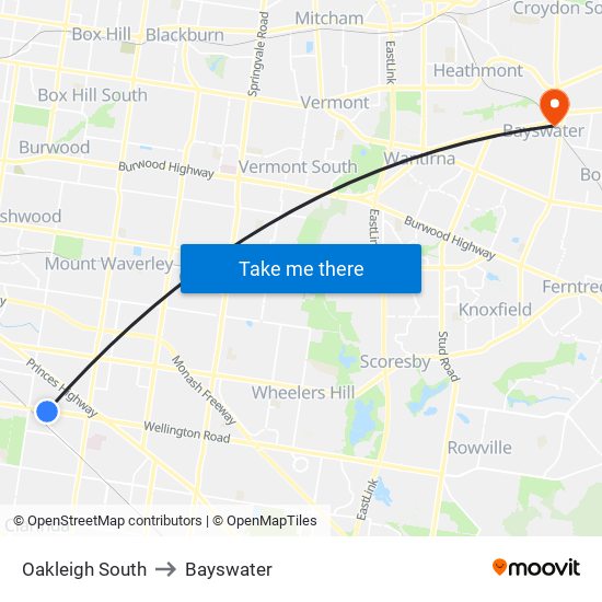 Oakleigh South to Bayswater map