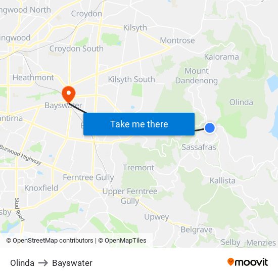 Olinda to Bayswater map