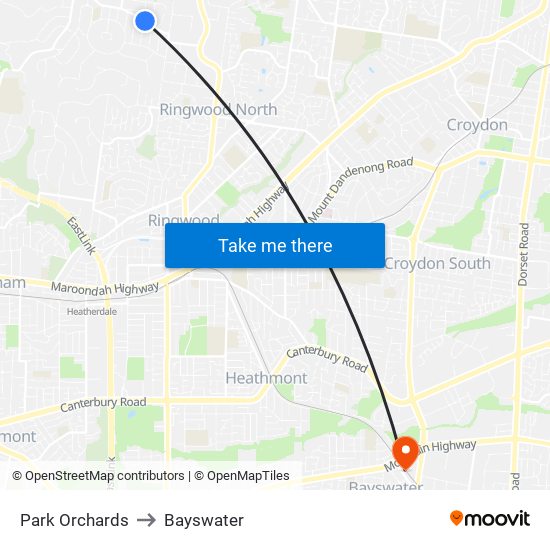 Park Orchards to Bayswater map