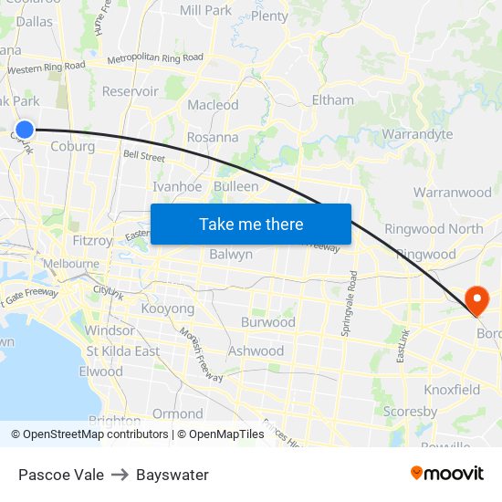 Pascoe Vale to Bayswater map