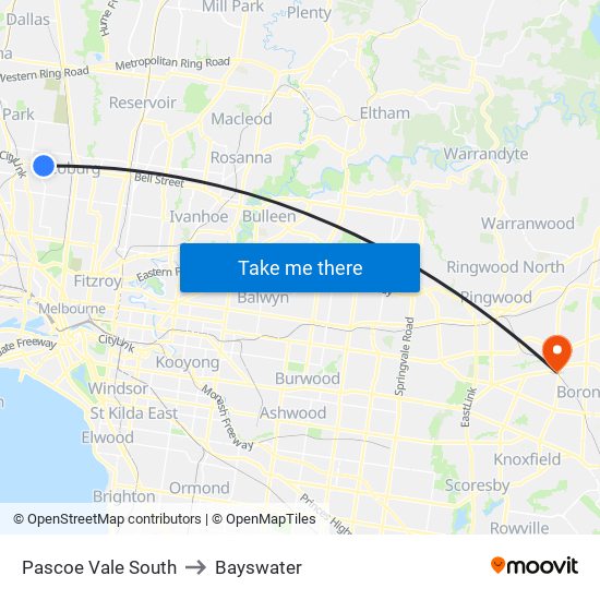 Pascoe Vale South to Bayswater map