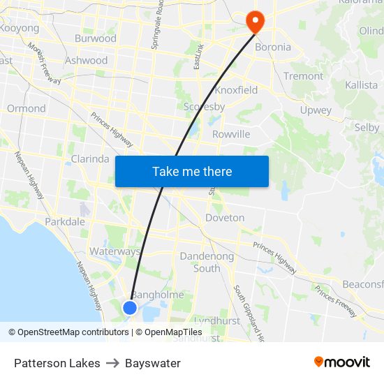 Patterson Lakes to Bayswater map