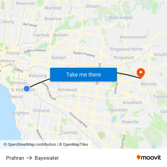 Prahran to Bayswater map